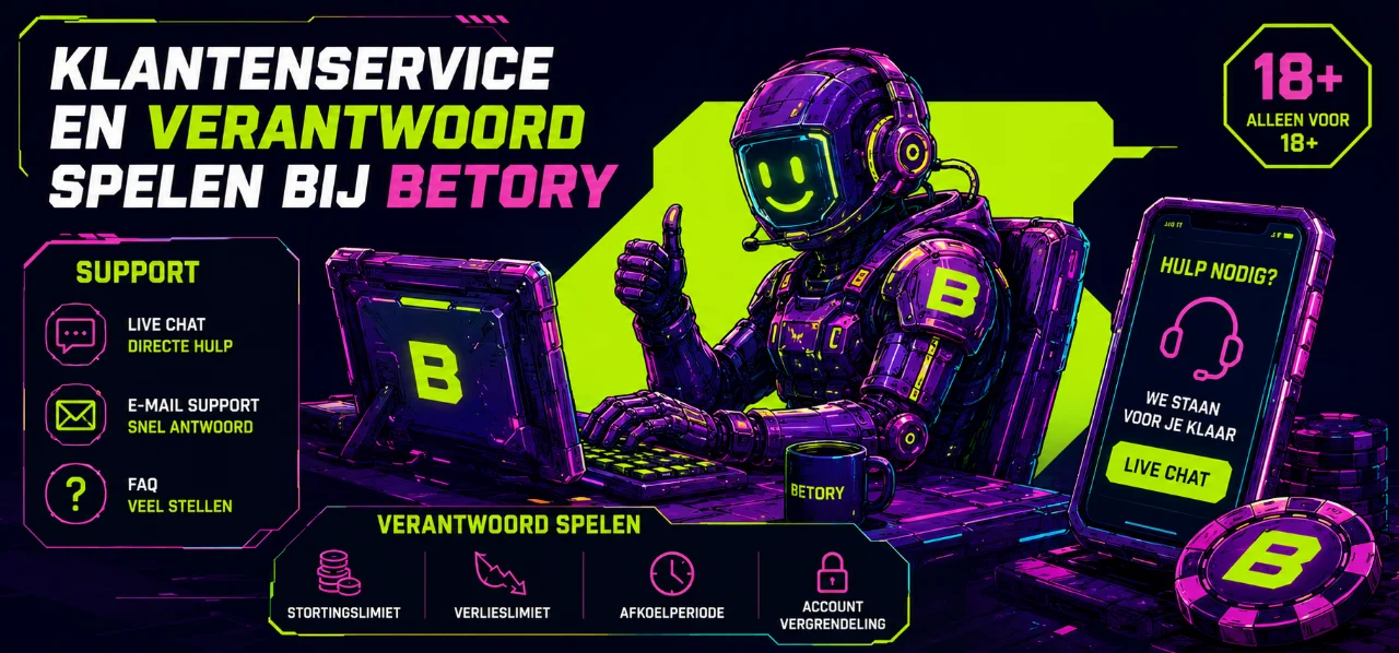 Live chat support en verantwoord spelen tools met 18-plus icoon bij Betory