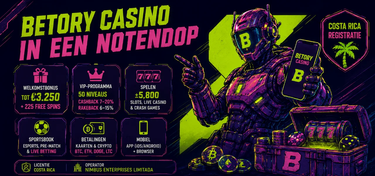 Overzichtstabel met Betory kenmerken, welkomstbonus en Costa Rica registratie