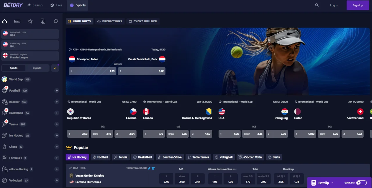 Sportsbook met voetbal, esports, pre-match en live betting bij Betory